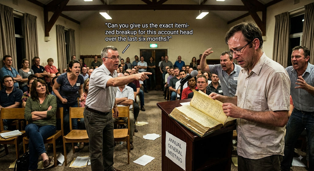 Treasurer at a general body meeting with a handwritten ledger