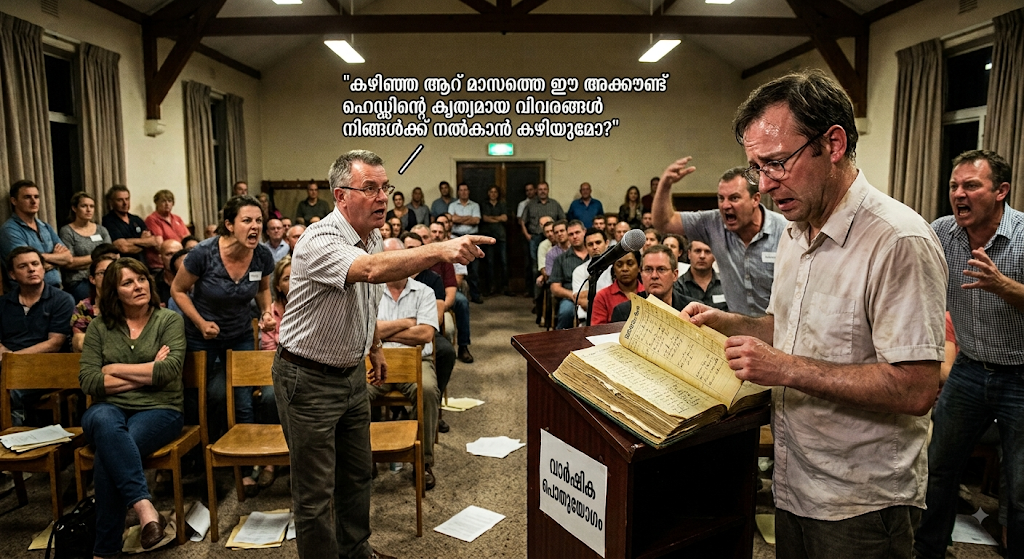 Treasurer at a general body meeting with a handwritten ledger